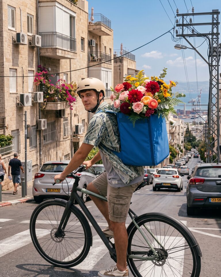 שליח על אופניים עם זר פרחים בתיק המשלוחים