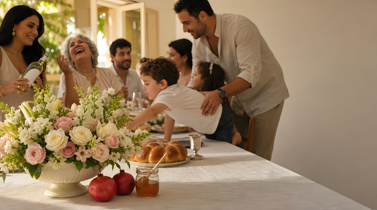 שולחן ערוך לראש השנה — סידור ורדים לבנים וורודים באגרטל, לצידו חלה, רימונים וצנצנת דבש, ומשפחה מסבה ברקע
